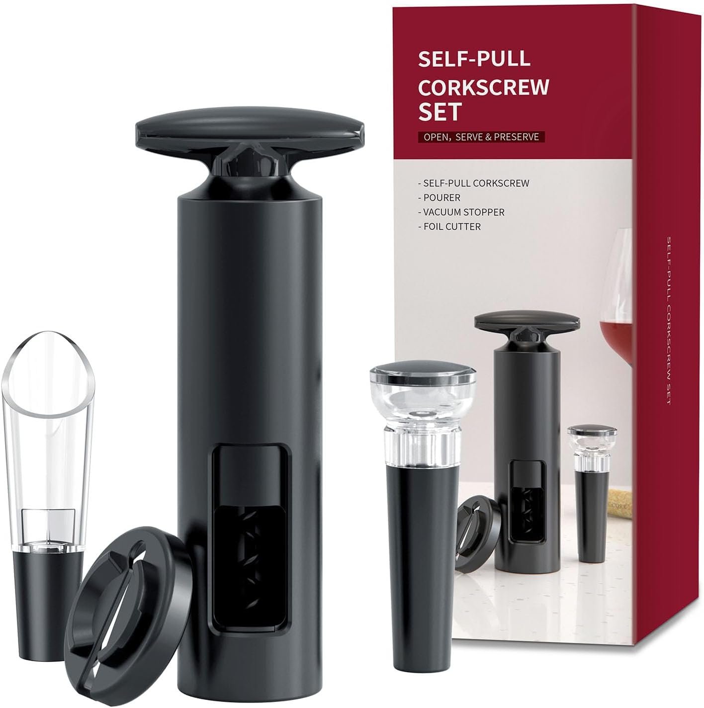 4 en 1 Abridor de vino sacacorchos profesional abrebotellas abridor vino abridores con cortador de papel, vertedor, tapón de vacío, abrelatas de vino set para fiestas, cenas y bodas