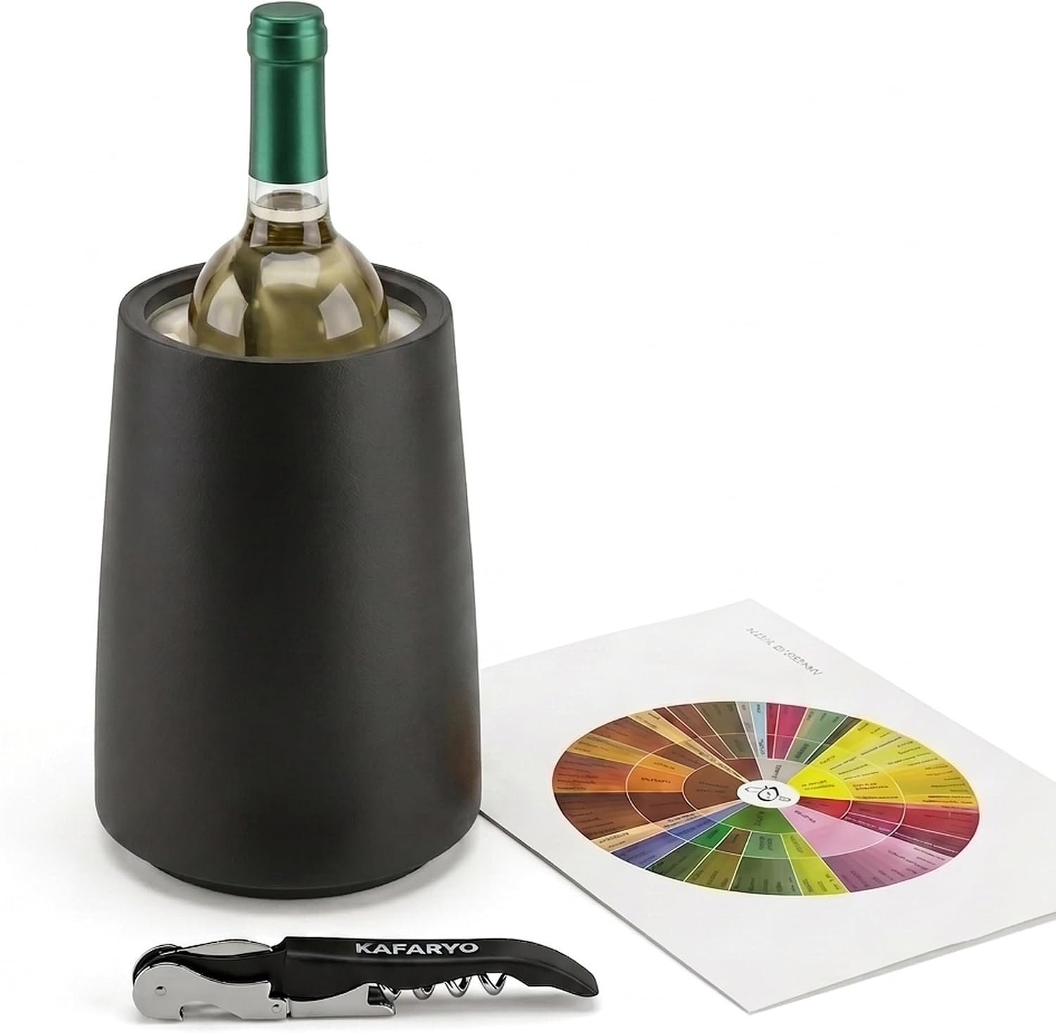 Enfriador de botellas de vino premium con abridor y guía de cata | Enfriador vino elegante para botellas estándar | Color Negro