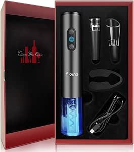 Flauno Sacacorchos Eléctrico 6 en 1 Inalámbrico, Abridor de Vino Automático con Tapón al Vacío y Decantador, Abrebotellas para Vino Tinto, Ideal para Fiestas, Citas y Regalo, Gris